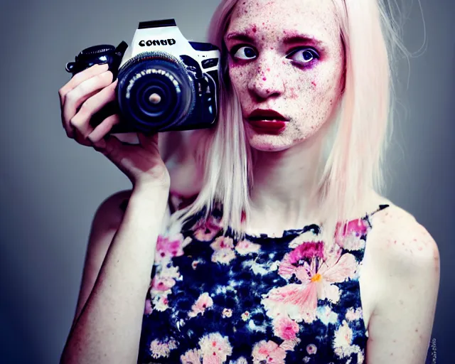 Prompt: pale young woman with bright blonde hair, freckles, gray eyes and a wide face, flowery dress, she is holding a professional dslr camera close to her face with one hand, dramatic lighting, bright flare, expressive, surrealist art by conrad roset