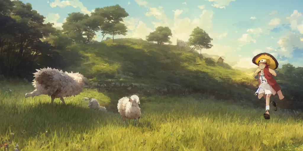 Prompt: border collie chasing sheep on feld nime key visual of luffy studio lit directed gaze, trending on pixiv fanbox, painted by greg rutkowski makoto shinkai takashi takeuchi studio ghibli