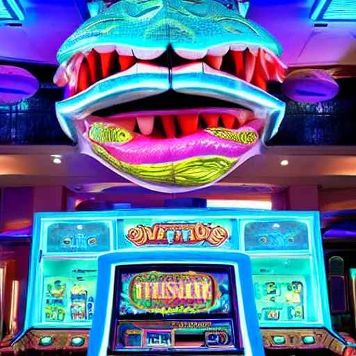 Image similar to Inside the giant fish’s teethy mouth was an opulent vegas casino of slot machines!