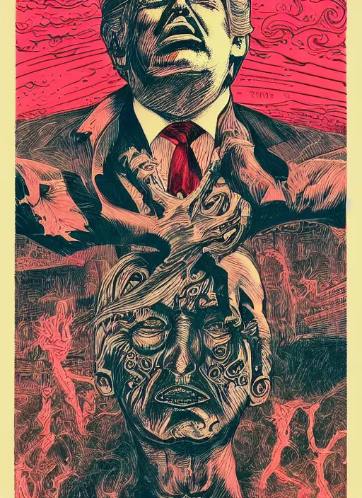 Image similar to risograph of donald trump's grotesque true form revealed, horror, high details, intricate details, by vincent di fate, artgerm julie bell beeple, 1 9 8 0 s, inking, vintage 8 0 s print, screen print