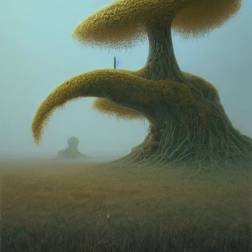 Image similar to beautiful hyperrealistic detailed matte landscape of a the mysterious last tree on earth, cyberpunk tree, summer, on the morning, by zdzisław beksinski and artem demura and john howe, featured on artstation, featured on behance, golden ratio, ultrawide angle, f 3 2, well composed, cohesive