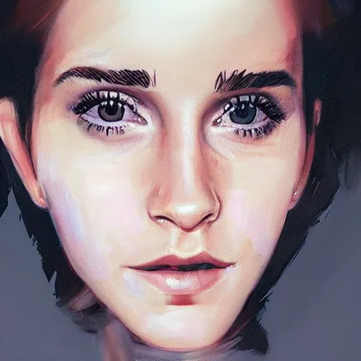 Image similar to “ a realistic painting of emma watson portrait viewed through a fun house mirror, unreal engine, trending on artstation, melting ”