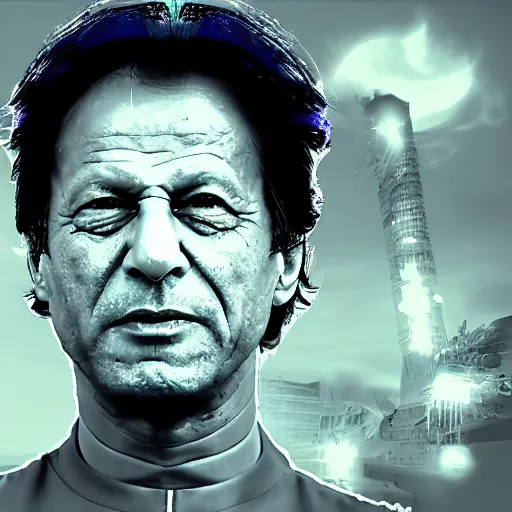 Image similar to Imran Khan as an evil mastermind taking over the world, digital art