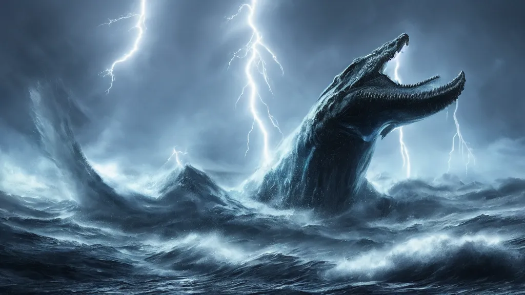 Prompt: A leviathan rising out of a stormy sea with dramatic lightning, concept art, matte painting, 8k, highly detailed, artstation