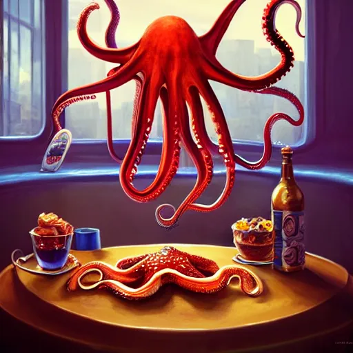 Prompt: the octopus at a table in a diner, amazing, beautiful, perfect eyes, full body shot, portrait, vivid colors, elegant, concept art, sharp focus, digital art, Hyper-realistic, 4K, Unreal Engine, Highly Detailed, HD, Dramatic Lighting by Brom, trending on Artstation