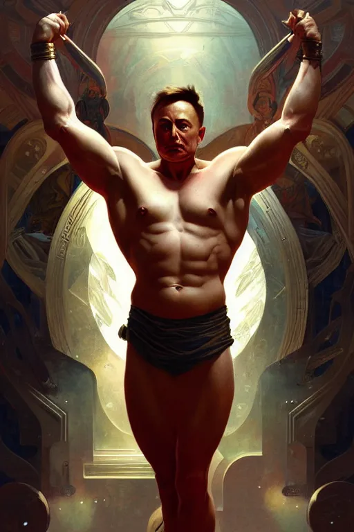 Image similar to Elon Musk as a Greek god, gorgeous, amazing, muscular, fit, intricate, highly detailed, digital painting, artstation, concept art, sharp focus, illustration, art by greg rutkowski and alphonse mucha