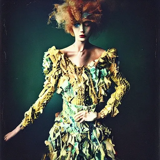 Image similar to damaged kodak portra 4 0 0, wetplate, photo of a surreal artsy dream scene,, very beautiful model, weird fashion, grotesque, extravagant dress, strange pose, carneval, with an animal, wtf, photographed by paolo roversi style