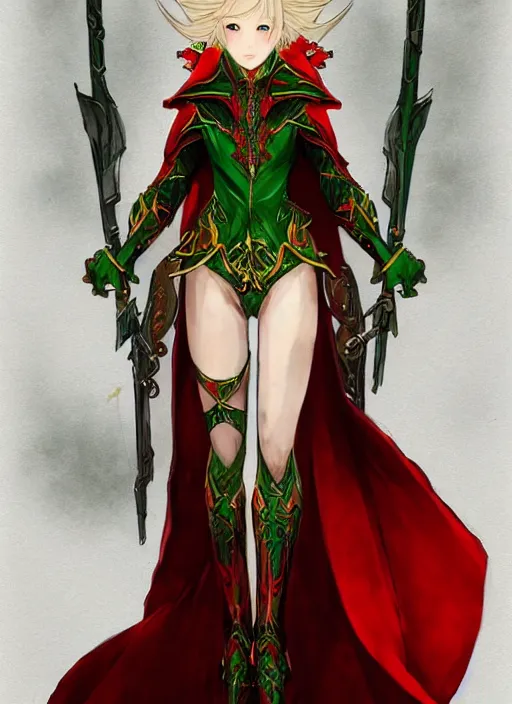 Image similar to Full body portrait of a beautiful young blonde short haired elven princess wearing red, green and gold priest robe. In style of Yoji Shinkawa and Hyung-tae Kim, trending on ArtStation, dark fantasy, great composition, concept art, highly detailed.