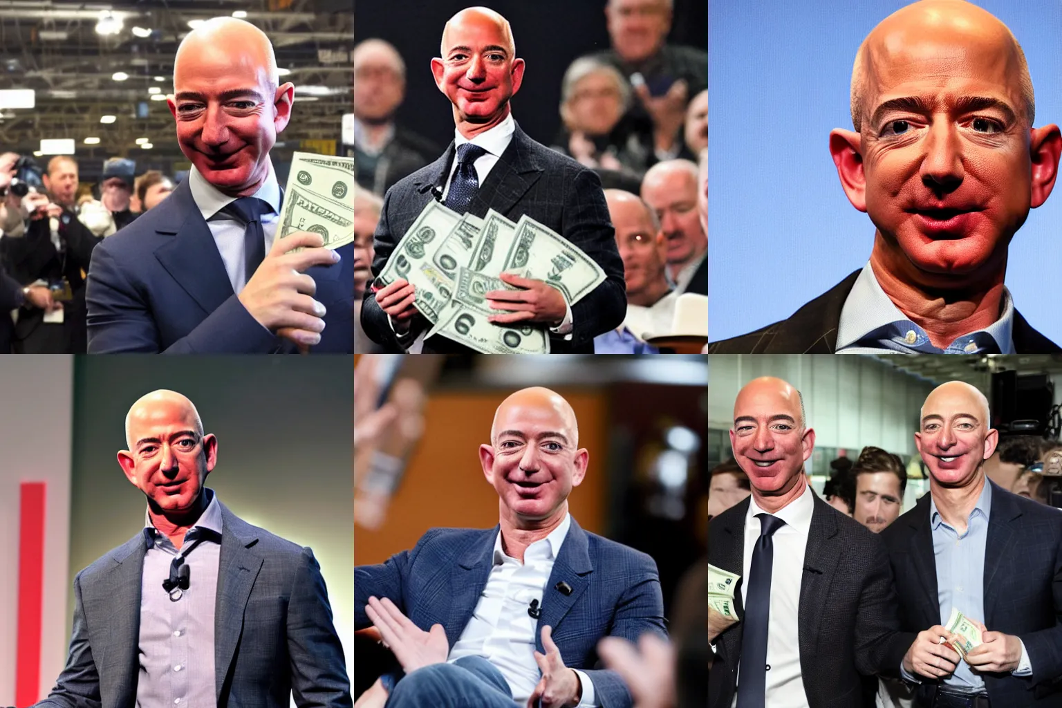 Prompt: Jeff Bezos throwing money at people