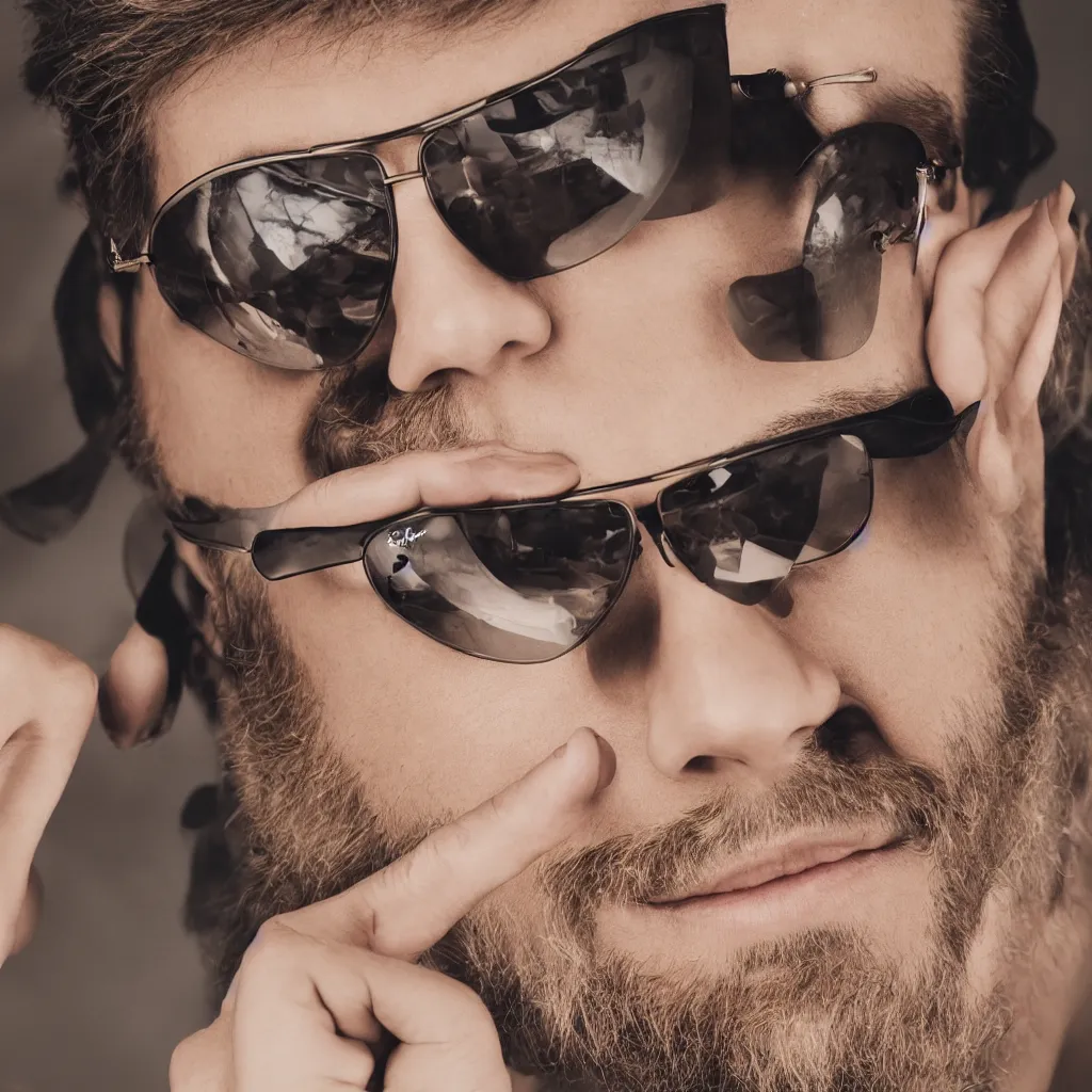 Prompt: one handsome man wearing ray ban aviators, studio photo, 4 k