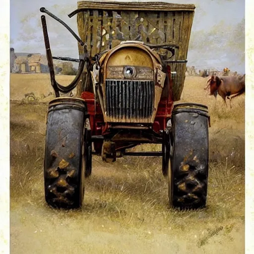 Image similar to ( ( ( ( ( the medieval king riding royal farm tractor, fully ornated with intricate gold and jewels. muted colors. ) ) ) ) ) high resolution, high quality, by jean - baptiste monge!!!!!!!!!!!!!!!!!!!!!!!!!!!