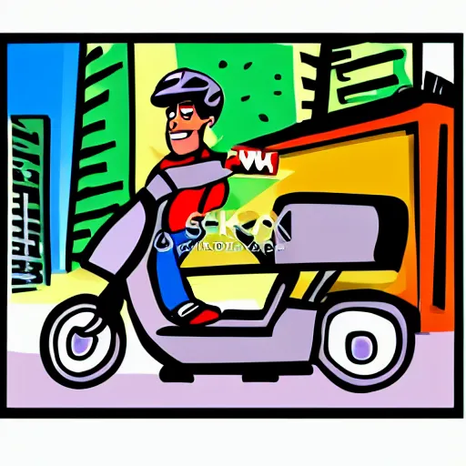 Image similar to drawn cartoon of a delivery driver on moped delivering packages on a long windy city street, bright color, bubbly, digital cartoon syle image, no blur, white background