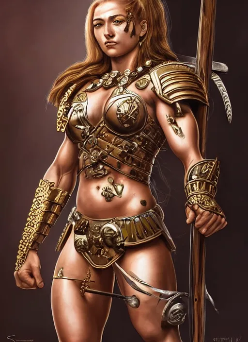 Image similar to portrait of a beautiful muscular maiden spartan with a sword and shield, wounds from battle, warhammer 40000, intricate, elegant, highly detailed, smooth, sharp focus, art by stephen lau and artgerm in the style of Steven Kostic and greg rutkouwski,