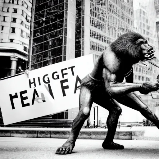 Prompt: queen kong fights wall street hedge funds. 4 k photograph