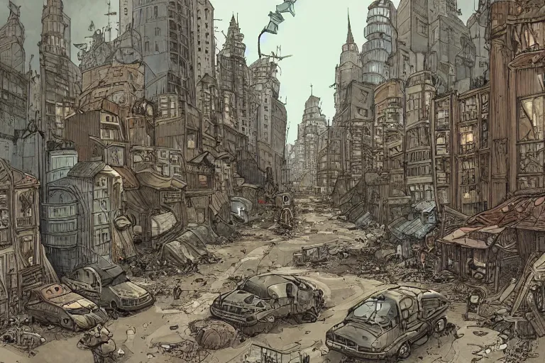 Image similar to a post apocalyptic city street by Mattias Adolfsson