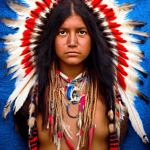 Image similar to award winning photo of a young native american woman in the style of martin schoeller