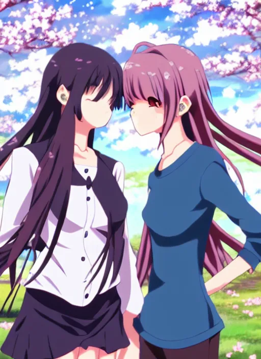 Image similar to two beautiful anime mothers face to face taunting each other, spring clothes, park setting, gorgeous faces, middle shot, smooth, cinematic lighting, detailed anime art