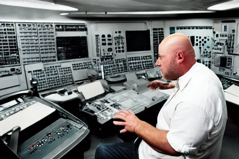 Prompt: movie heavyset bald man wearing a white shortsleeved shirt and blue jeans working in a nuclear silo control room by Roger Deakins