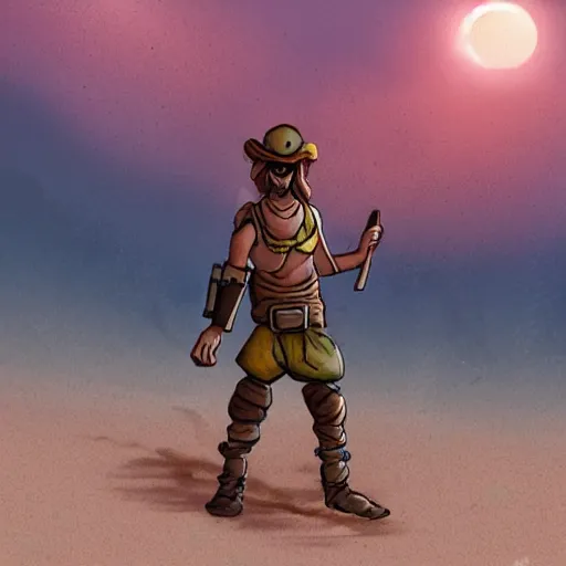 Prompt: A sand pirate wandering the post-apocalyptic desert