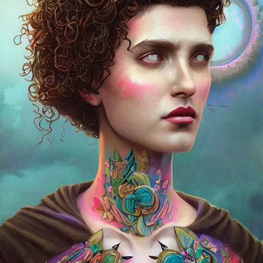 Image similar to Lofi cyberpunk portrait beautiful woman with short brown curly hair, roman face, Romanesque, unicorn, rainbow, floral, Pixar style, Tristan Eaton, Stanley Artgerm, Tom Bagshaw