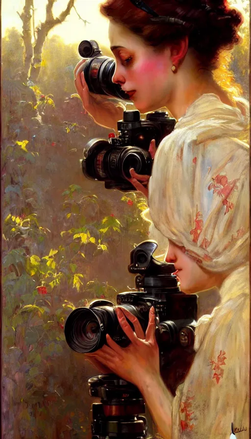 Image similar to hyper realistic photographer looking through camera, magical, painted by james gurney, norman rockwell, tom bagshaw, mucha, gaston bussiere, craig mullins, j. c. leyendecker 8 k