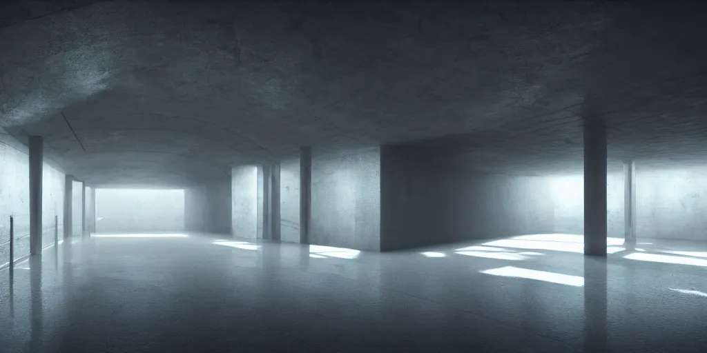 Image similar to underground tunnel, brutalist architecture, sterile, iridescent mist, futuristic hazmats, unknown location, light and shadows, light refraction, 4k, cinematic, unreal engine, concept art