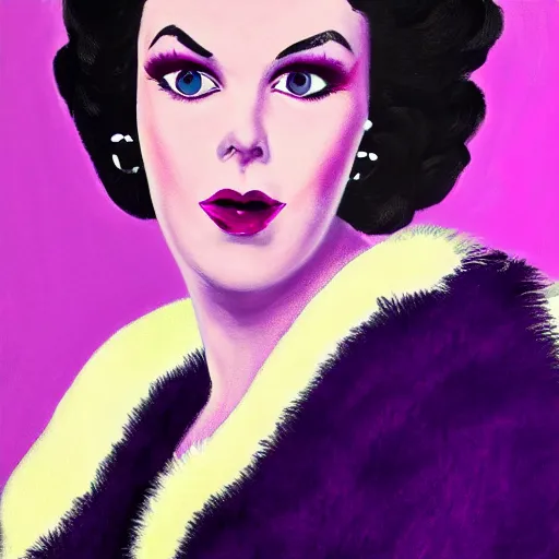 Prompt: portrait of woman wearing an elegant black vintage 50s swing dress and a white fur boa and matte bold makeup, she has a 50s poofy hairstyle and bright eyes, determined expression, illuminated by cyan and purple neon lights, hard light, painting