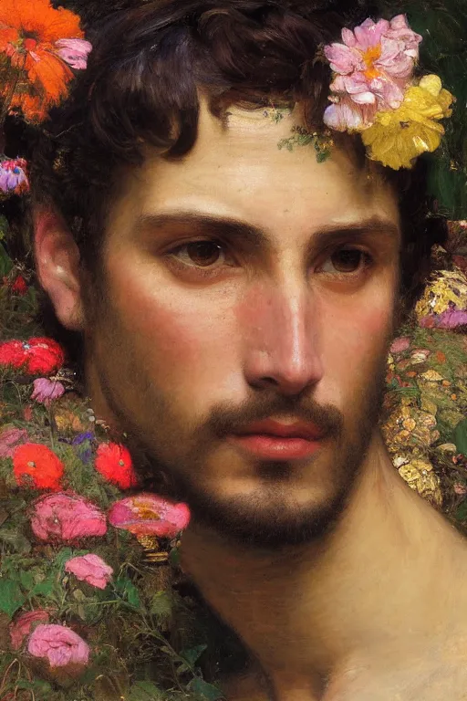 Image similar to close up of a attractive male surrounded by colourful flowers orientalist intricate portrait by john william waterhouse and edwin longsden long and theodore ralli and nasreddine dinet, hyper realism, dramatic lighting