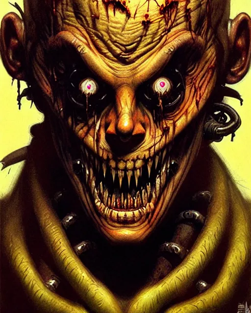 Image similar to junkrat from overwatch, character portrait, portrait, close up, concept art, intricate details, highly detailed, horror poster, horror, vintage horror art, realistic, terrifying, in the style of michael whelan, beksinski, and gustave dore