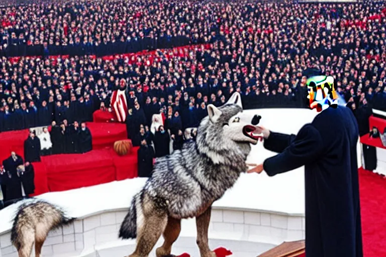 Image similar to photo of the usa presidential inauguration, a wolf fursuiter being inaugurated as president