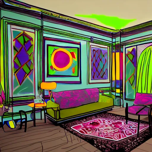 Image similar to hd photo of a living room, designed by and artist henri matisse paintings, wide lens, three point perspective, neon lights, highly detailed, unreal engine, photorealism