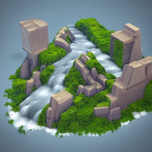 Image similar to low poly art of new york as a floating island in the sky, low poly, isometric art, 3d render, waterfall, high detail, artstation, concept art, behance, ray tracing, smooth, sharp focus, ethereal lighting