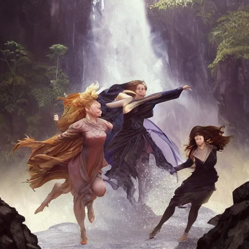 Image similar to an extremely detailed portrait of four polyamorous witches dancing in a cavern behind a waterfall, epic fantasy, viewed in profile from far away, sharp focus, detailed face, art by greg rutkowski and alphonse mucha, volumetric lighting, 4 k resolution, trending on artstation, masterpiece