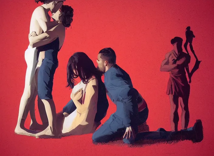 Image similar to couple, man and woman in pose of couple vol 2 photo reference pack for artists, spirit hugs, gold trim, atmoshperic, elegant, sharp focus, red sun, huge lips, poses by satine zillah, environment by hw 6 5 2 3, art by ilya ozornin, artstation, intricate details, concept art