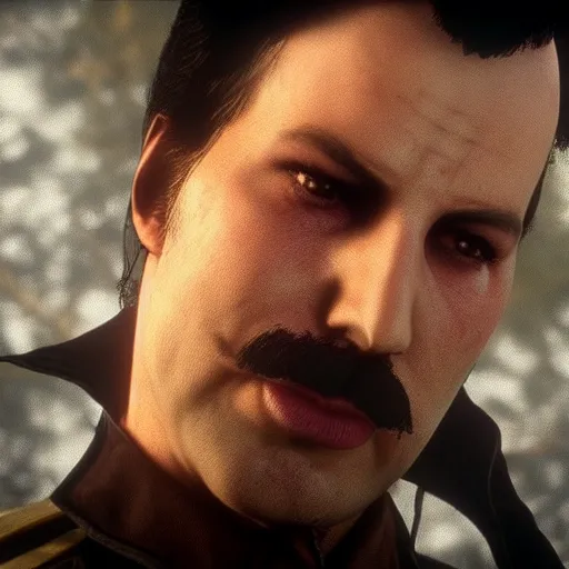 Prompt: Film still of Freddy Mercury, from Red Dead Redemption 2 (2018 video game)