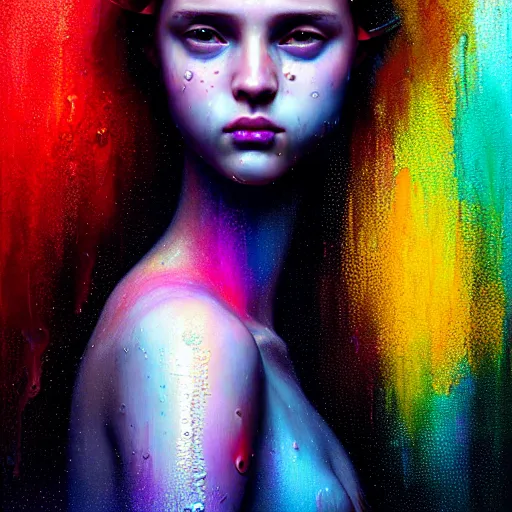 Prompt: portrait of girl in uniquely colored psychedelic rain with wet hair and face, fantasy, intricate, elegant, dramatic lighting, epiphany, highly detailed, lifelike, photorealistic, digital painting, artstation, concept art, smooth, sharp focus, illustration, art by John Collier and Albert Aublet and Krenz Cushart and Artem Demura and Alphonse Mucha