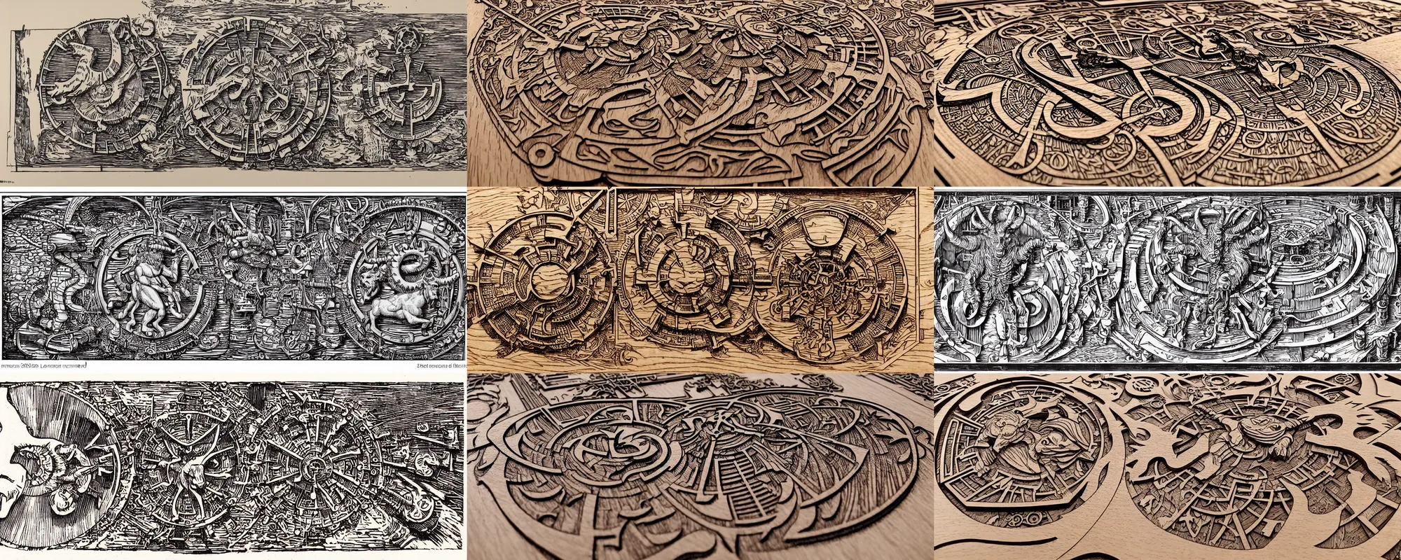 Prompt: isometric view of a highly detailed cnc mill woodcut of a 4 d labrynth with a steampunk minotaur in the center