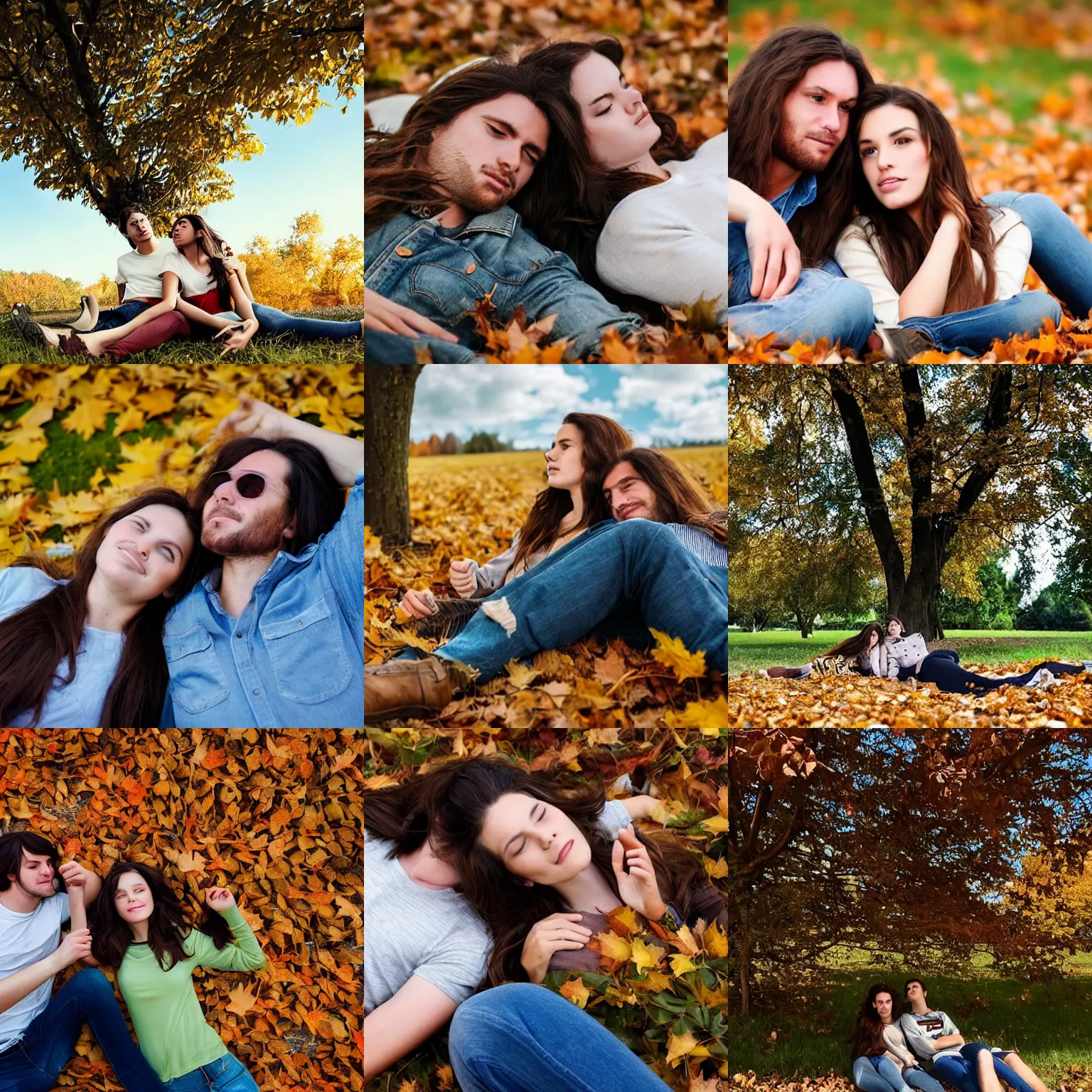 Prompt: young man and woman with long brown hair, laying under a tree looking at clouds autumn, ( ( ( wearing jeans ) ) )