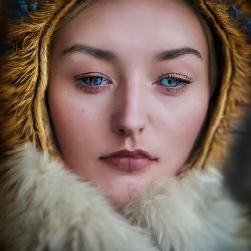 Image similar to symmetry!! portrait photograph of an extremely beautiful!!!! young blonde female with symmetric face. with a very detailed barn owl!!!!! on her shoulder. wearing mongolian traditional outfit in iceland. petzval lens. shallow depth of field. polaroid featured on flickr, art photography,