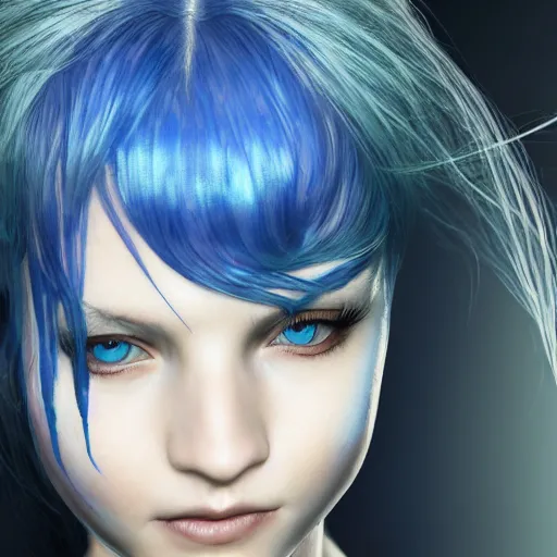 Prompt: portrait of young girl half dragon half human , dragon skin, dragon eyes, dragon crown, blue hair, long hair, highly detailed 3D render, 8k, rpg concept art character, jrpg character, manga, anime, video game character, concept art, by Yoshitaka Amano and David Lynch and David Cronenberg