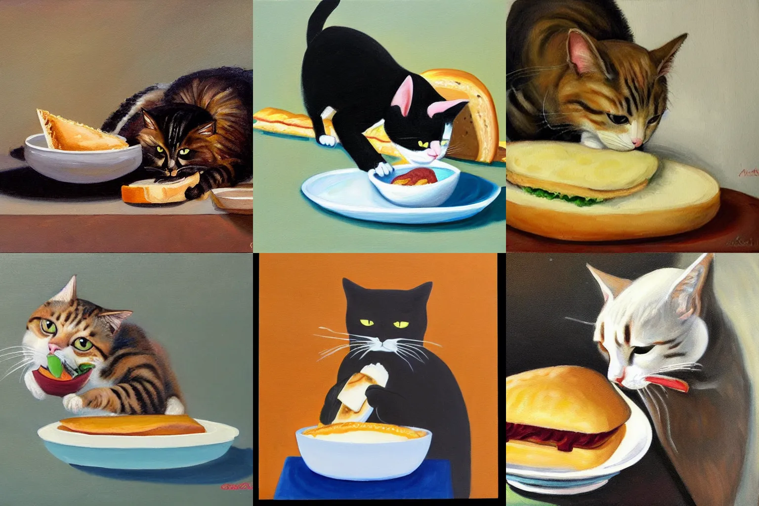 Prompt: a painting of a cat biting a big sandwich from a bowl. Cat eating sandwich. Cat has food in mouth.