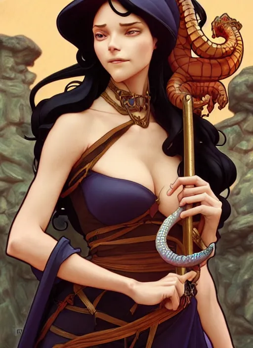 Image similar to femme fatal medieval queen holding a serpant, natural lighting, path traced, highly detailed, high quality, digital painting, by don bluth and ross tran and studio ghibli and alphonse mucha, artgerm