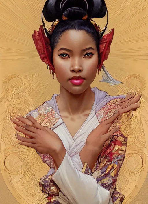 Image similar to ultra realistic illustration, smiling nubian geisha prima ballerina, sci - fi, fantasy, symmetrical face, intricate, elegant, highly detailed, digital painting, artstation, concept art, smooth, sharp focus, illustration, art by artgerm and alphonse mucha