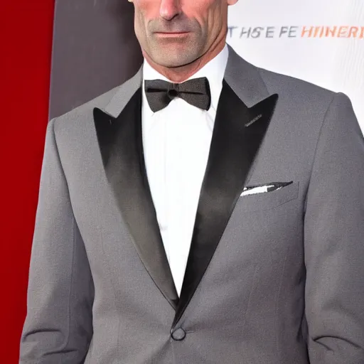 Prompt: 8k highly detailed photograph of John Hamm wearing a tight grey suit, black tie, black shoes, on the red carpet at a movie premiere