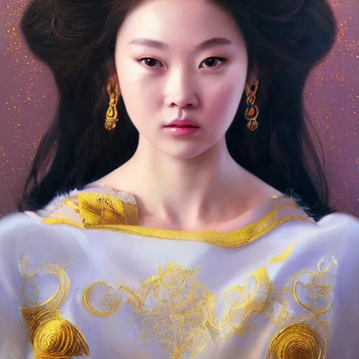 Image similar to hyper realism portrait of Princess by Zhong, Fenghua Klimt, Gustav, stunning, detailing, artstation trending, perfect lighting, golden hour, face detailing