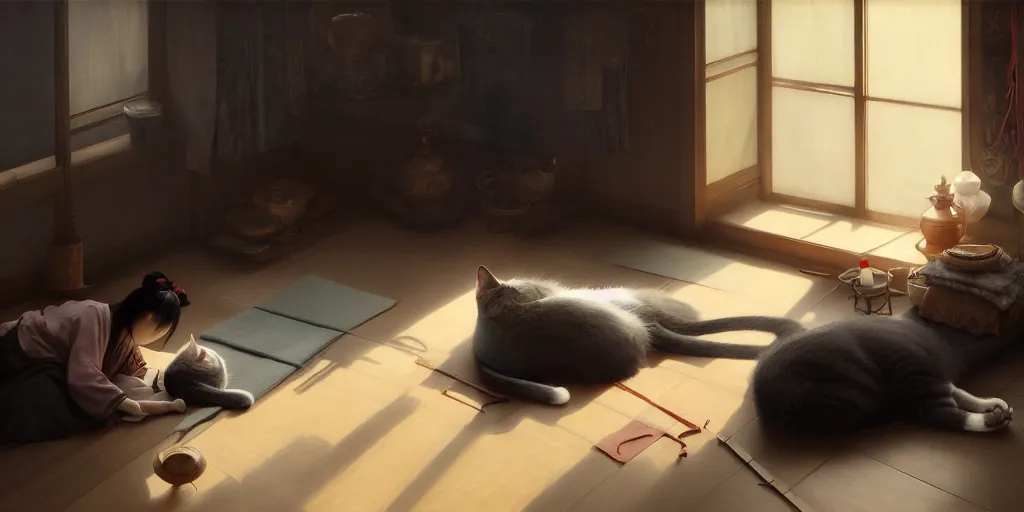 Prompt: japanese woman sewing on floor while a cat napping behind her, dim light, extremely detailed digital painting, in the style of fenghua zhong and ruan jia and jeremy lipking and peter mohrbacher, mystical colors, rim light, beautiful lighting, 8 k, stunning scene, raytracing, octane, trending on artstation