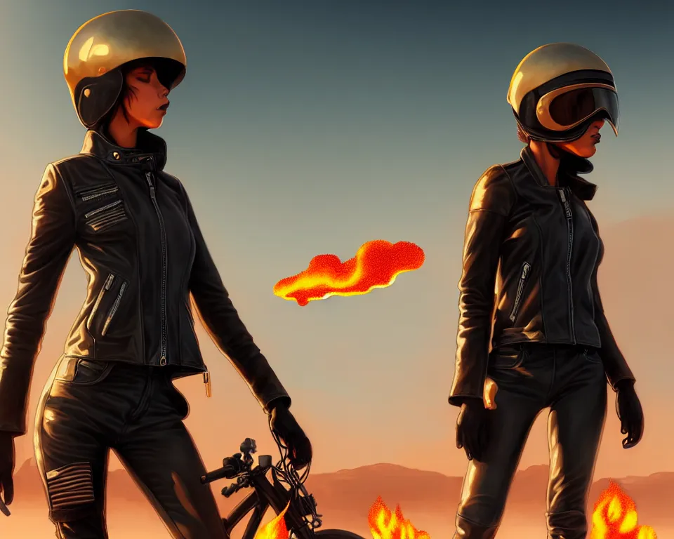 Prompt: a ultradetailed beautiful panting of post apocalyptic woman biker in leather jacket with helmet in front of burning desert, by ilya kuvshinov, greg rutkowski and makoto shinkai, trending on artstation