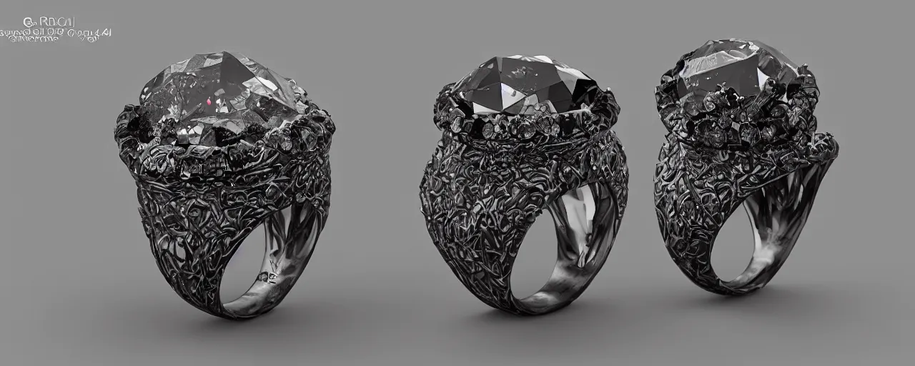 Image similar to black magic crystal ring, fire, flame, crystal, engravings, diamonds, product design, art by gerald brom, greg rutkowski and artgerm, photo realism, unreal engine, c 4 d