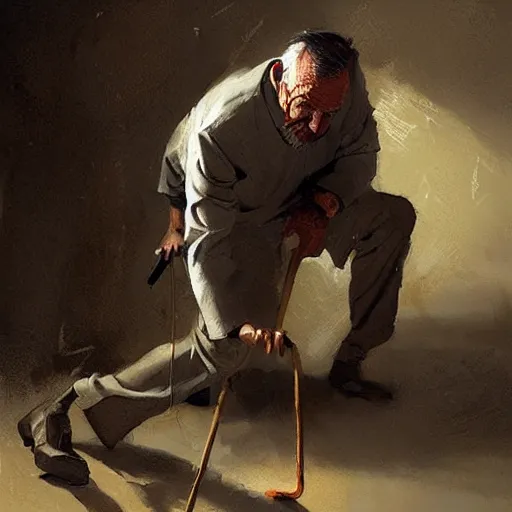 Image similar to old man portrait, he pulling pin is pulling pin of hand grenade,, greg rutkowski art