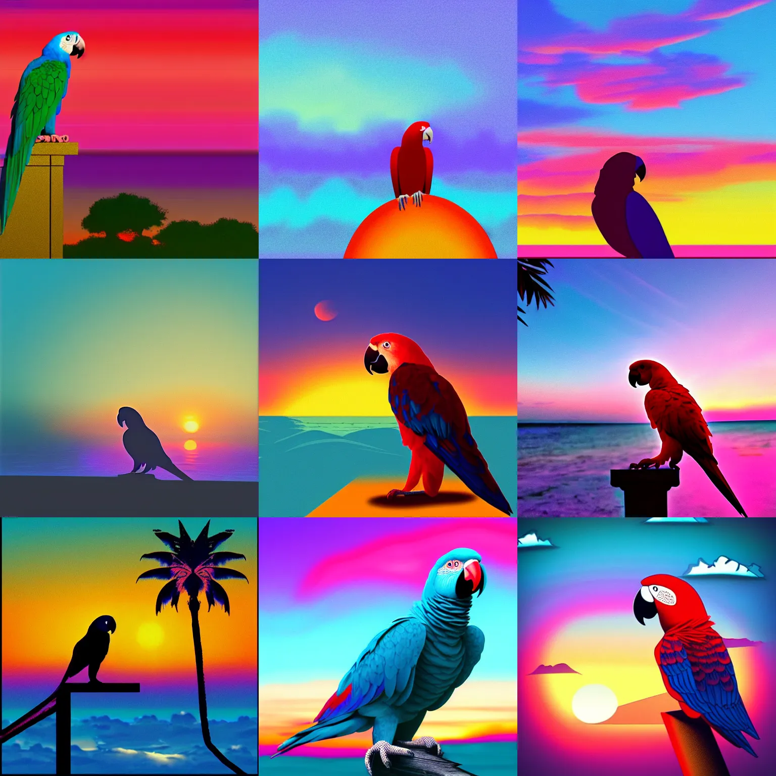 Prompt: lonely parrot looking at the vaporwave sunset
